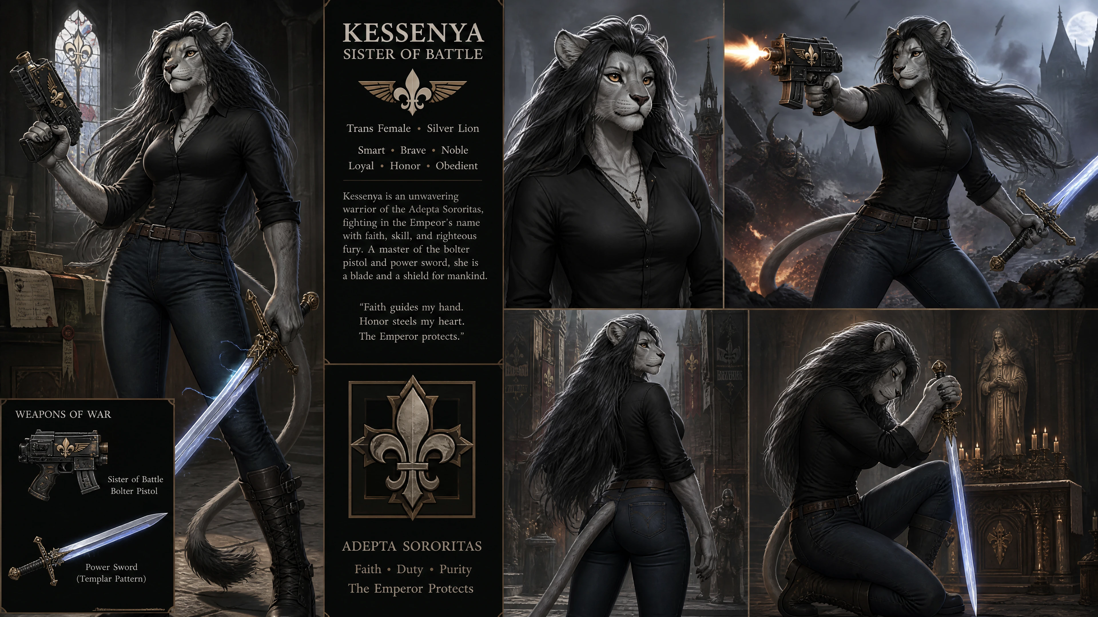 Guerrera leona plateada antrópica con pistola y espada