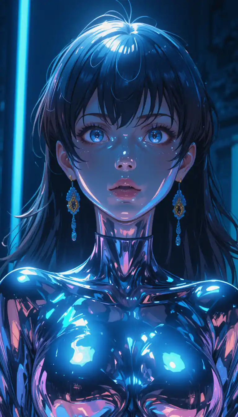 90s anime chrome form with cyan rim light on navy background