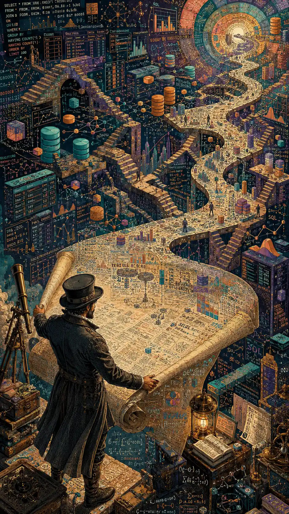 Explorador victoriano desplegando un mapa infinito de datos analíticos