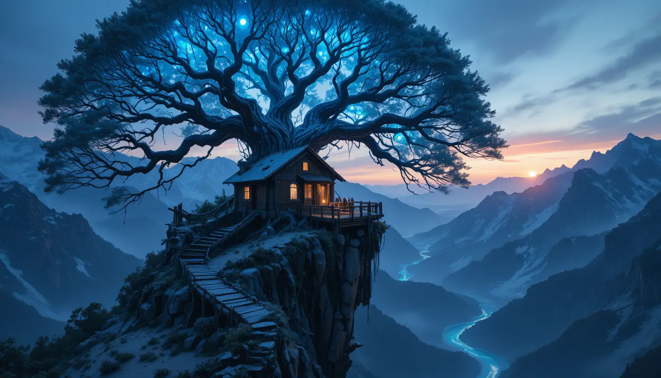 Fantasie-Hütte in leuchtendem Klippenbaum bei Dämmerung