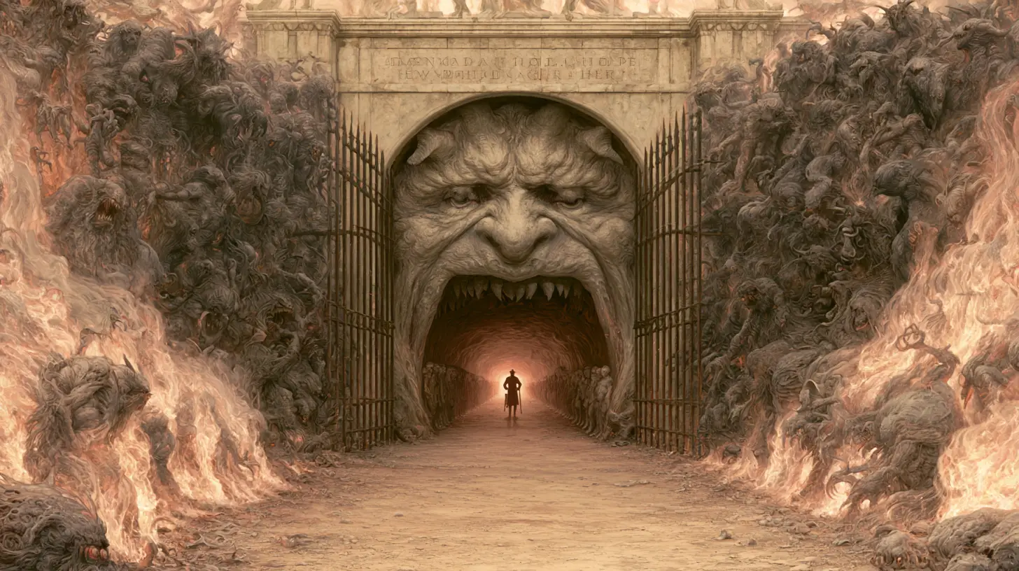 灼熱の地獄の入口にそびえる恐ろしい悪魔の門