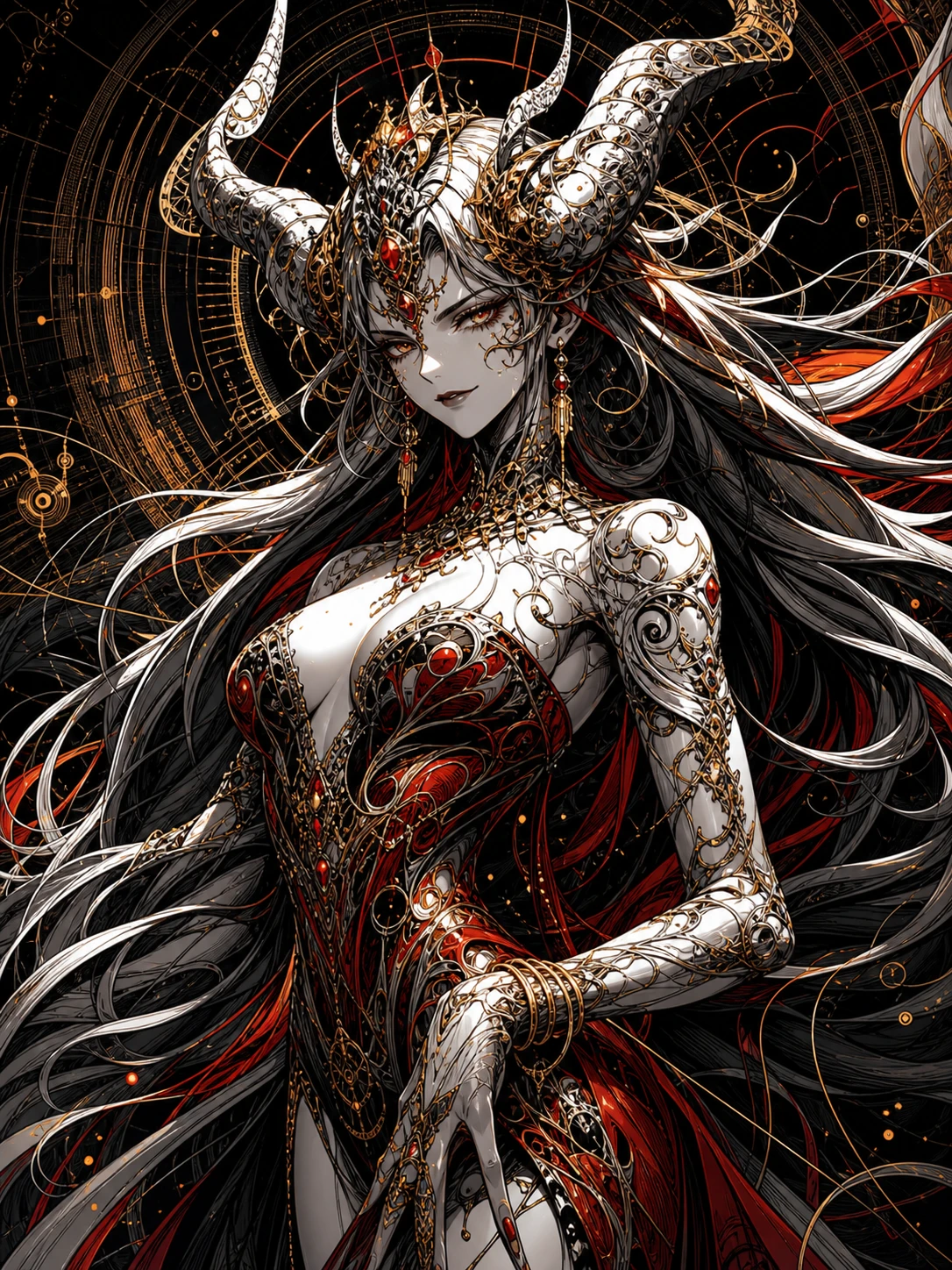 Demone in stile manga con lunghi corni sotto una luce cinematografica drammatica