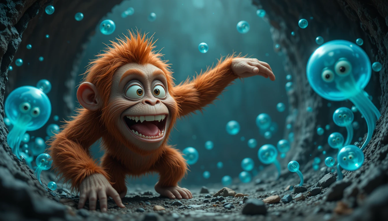 Cartoon orangutan bracing against wind in underground scene
