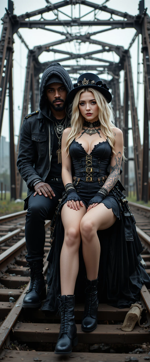 Black rapper and goth woman on an iron fantasy throne