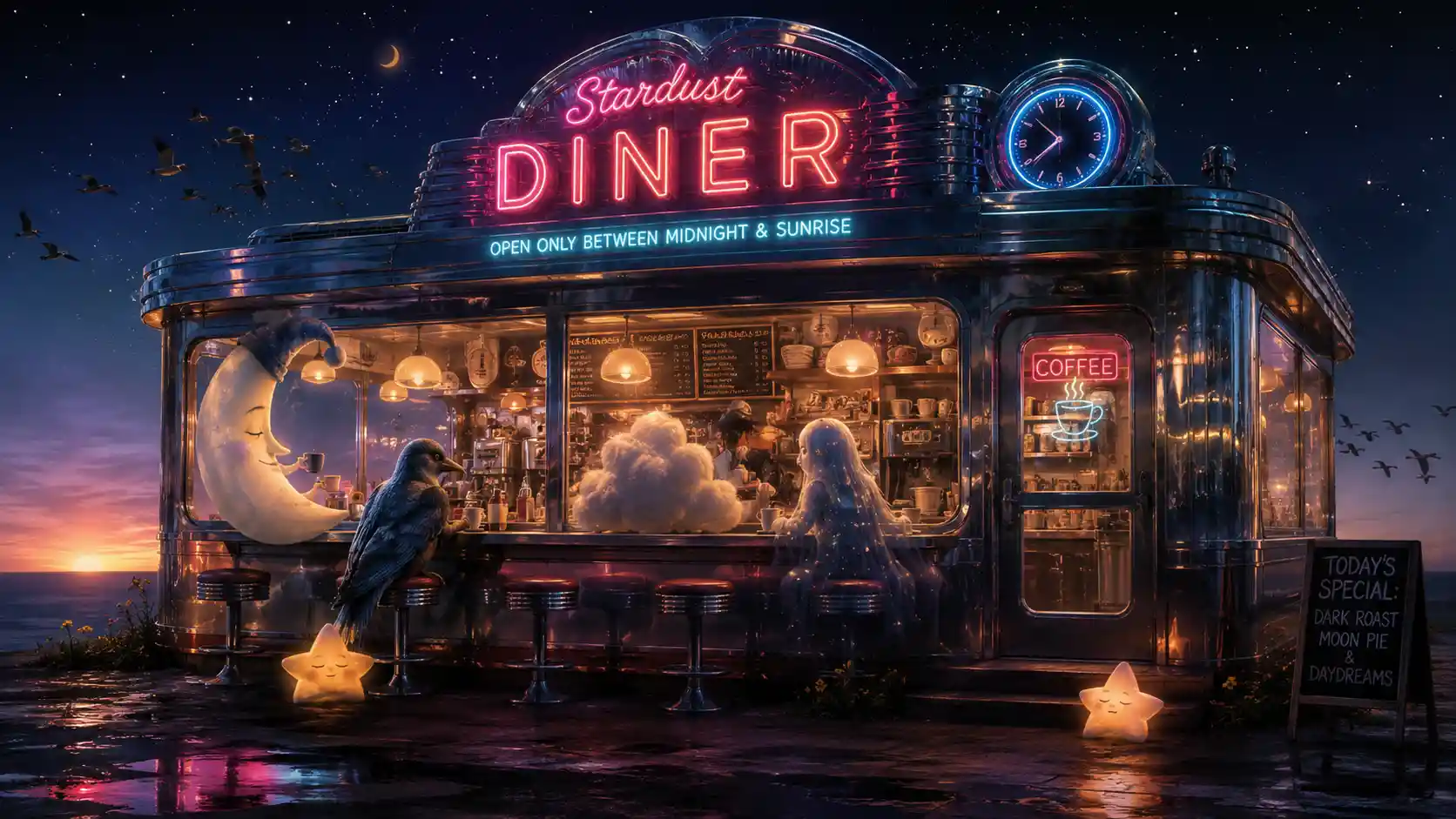 Diner cromato che brilla dolcemente nel silenzio della mezzanotte