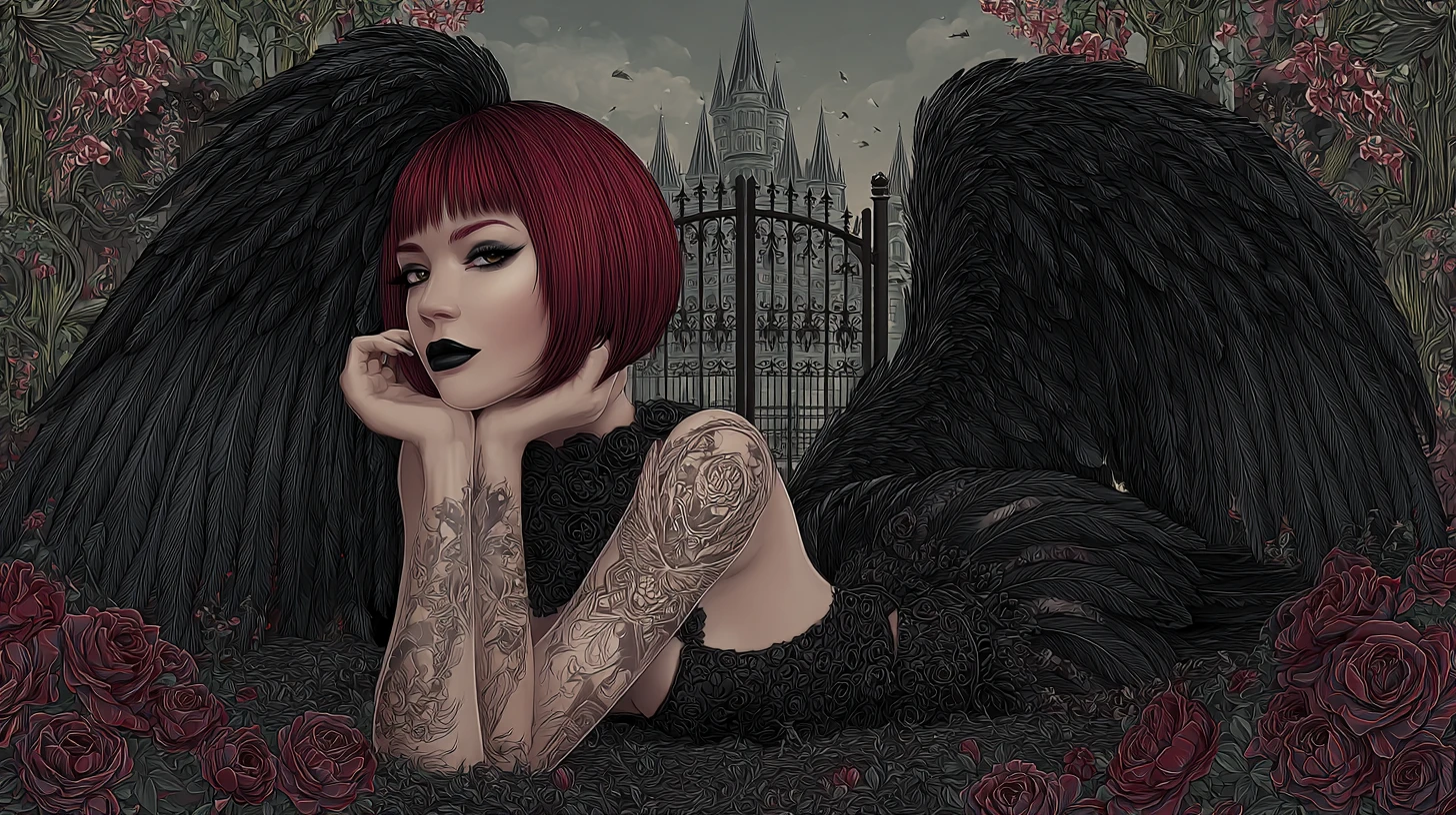 Goth angel with black wings lying in dark rose garden