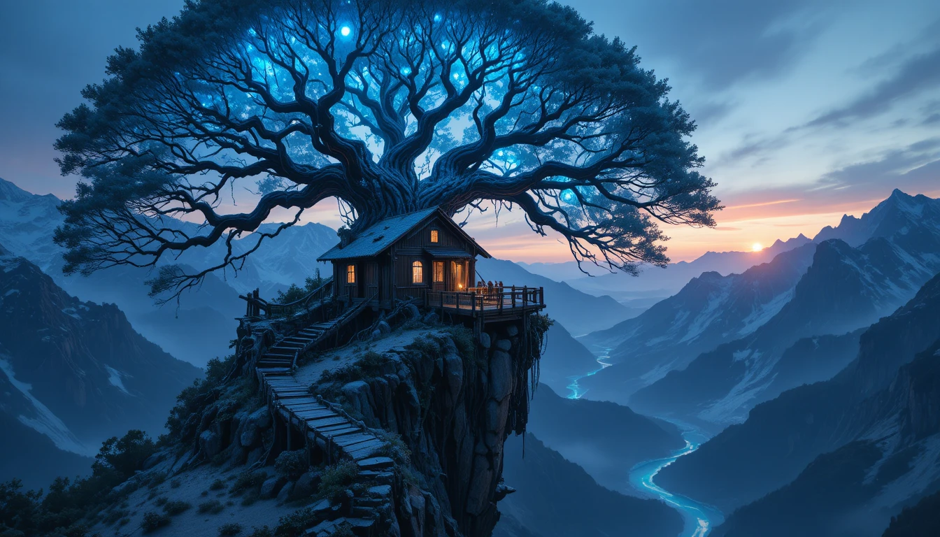 Cabaña de fantasía entrelazada en árbol luminoso al borde del acantilado al atardecer
