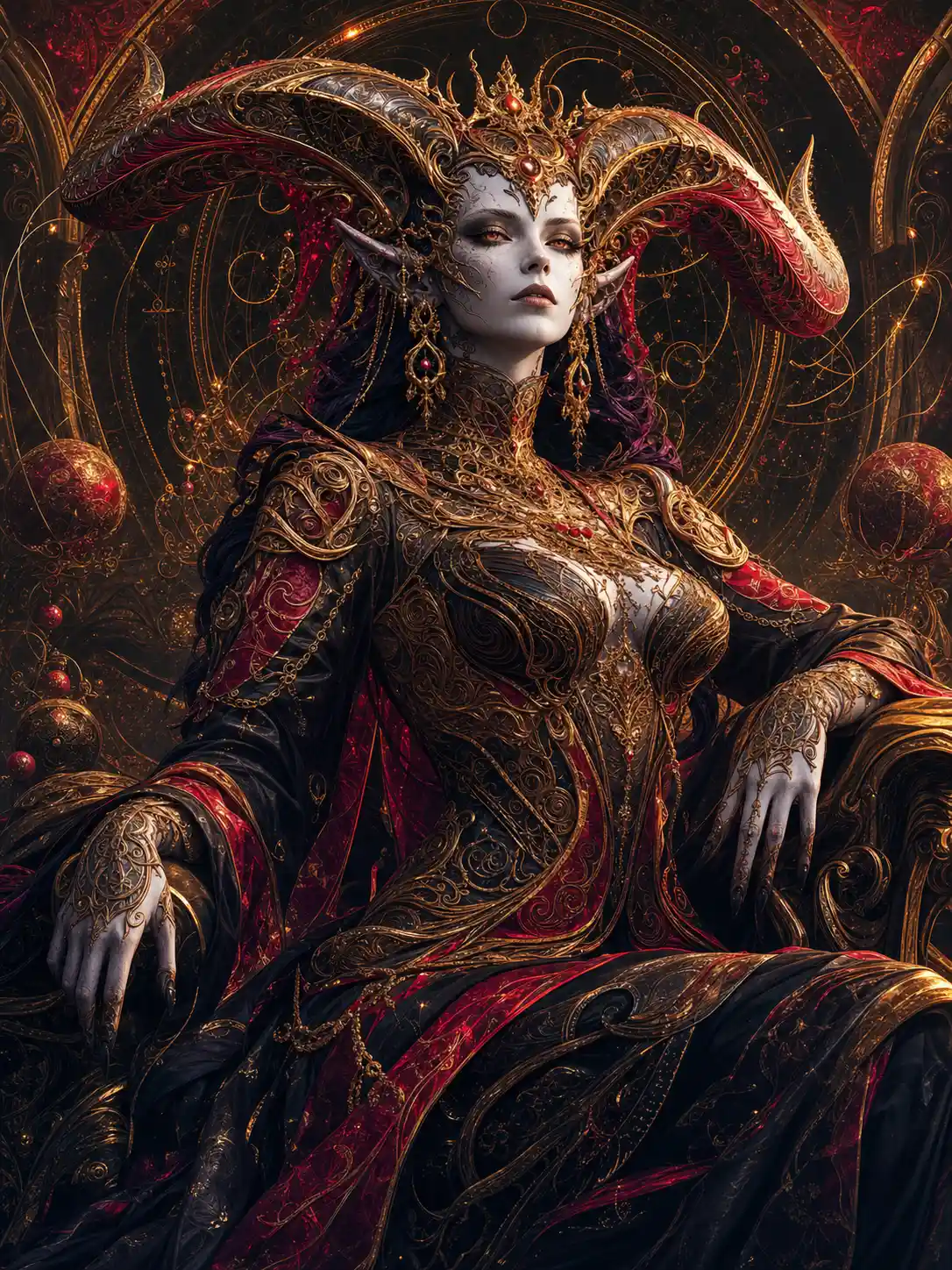 Demonic horned manga woman with fractal ceramic body