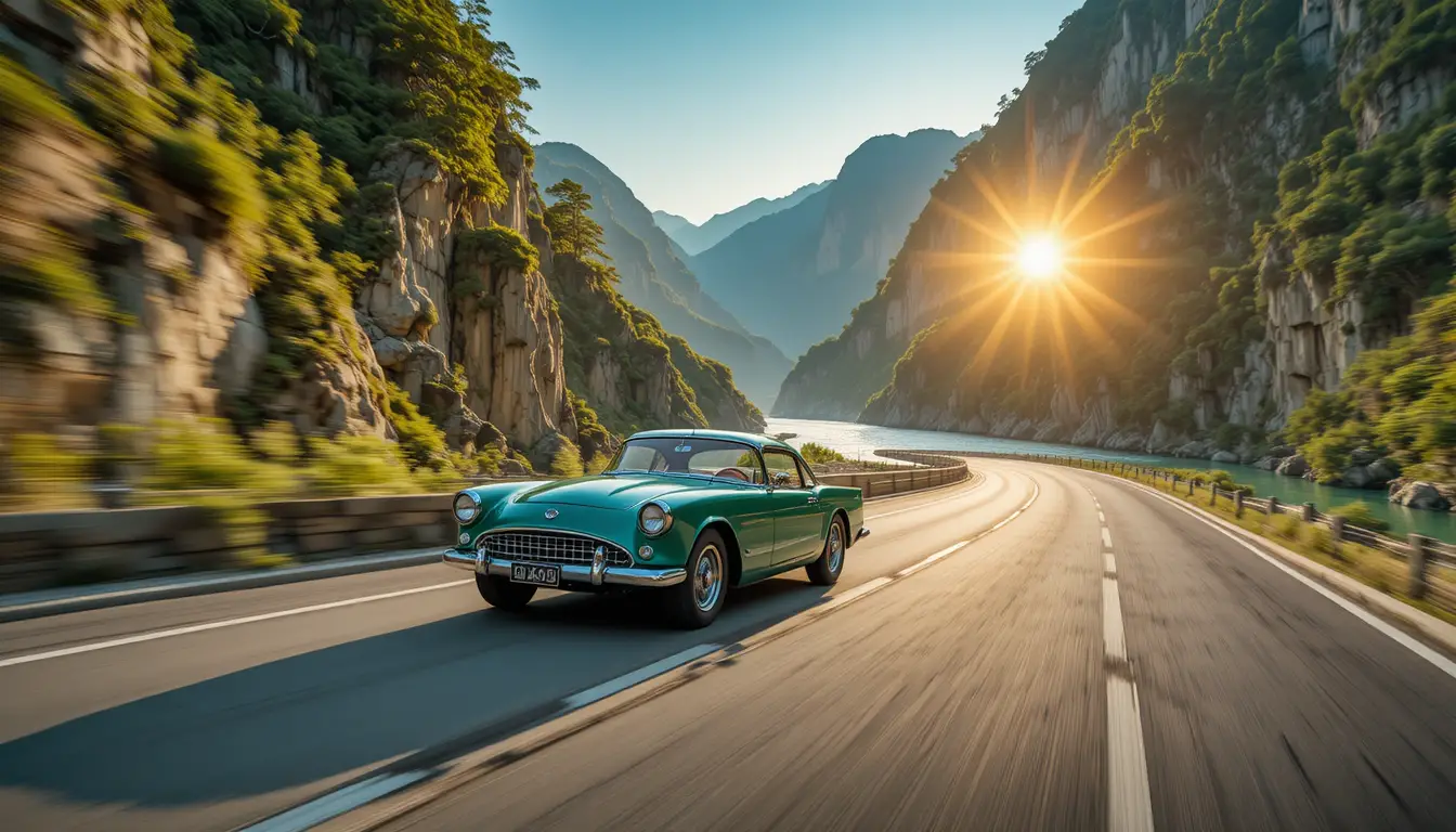 Vintage green car on winding mountain road at sunset