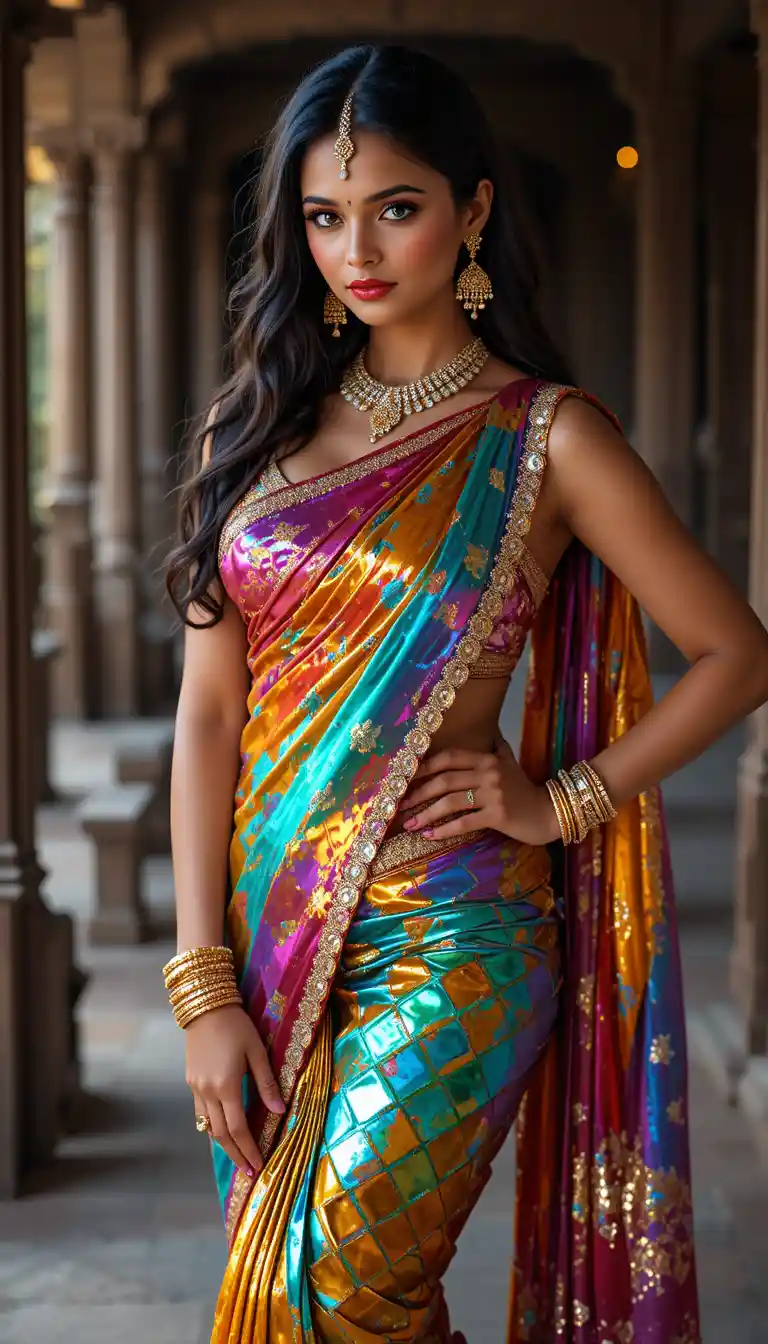 Mujer tamil con sari espejo brillante en pose de cuerpo entero