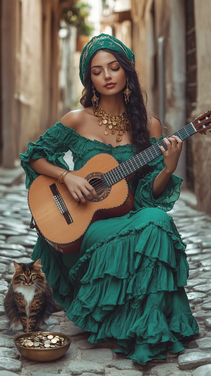 Mujer con vestido verde tocando la guitarra en una calle empedrada