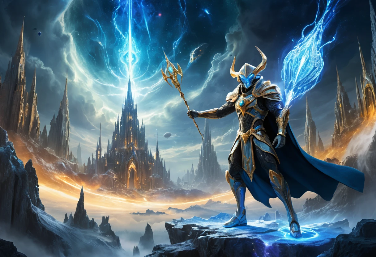 Mago de batalla lanzando conjuros arcanos entre imponentes torres de fantasía