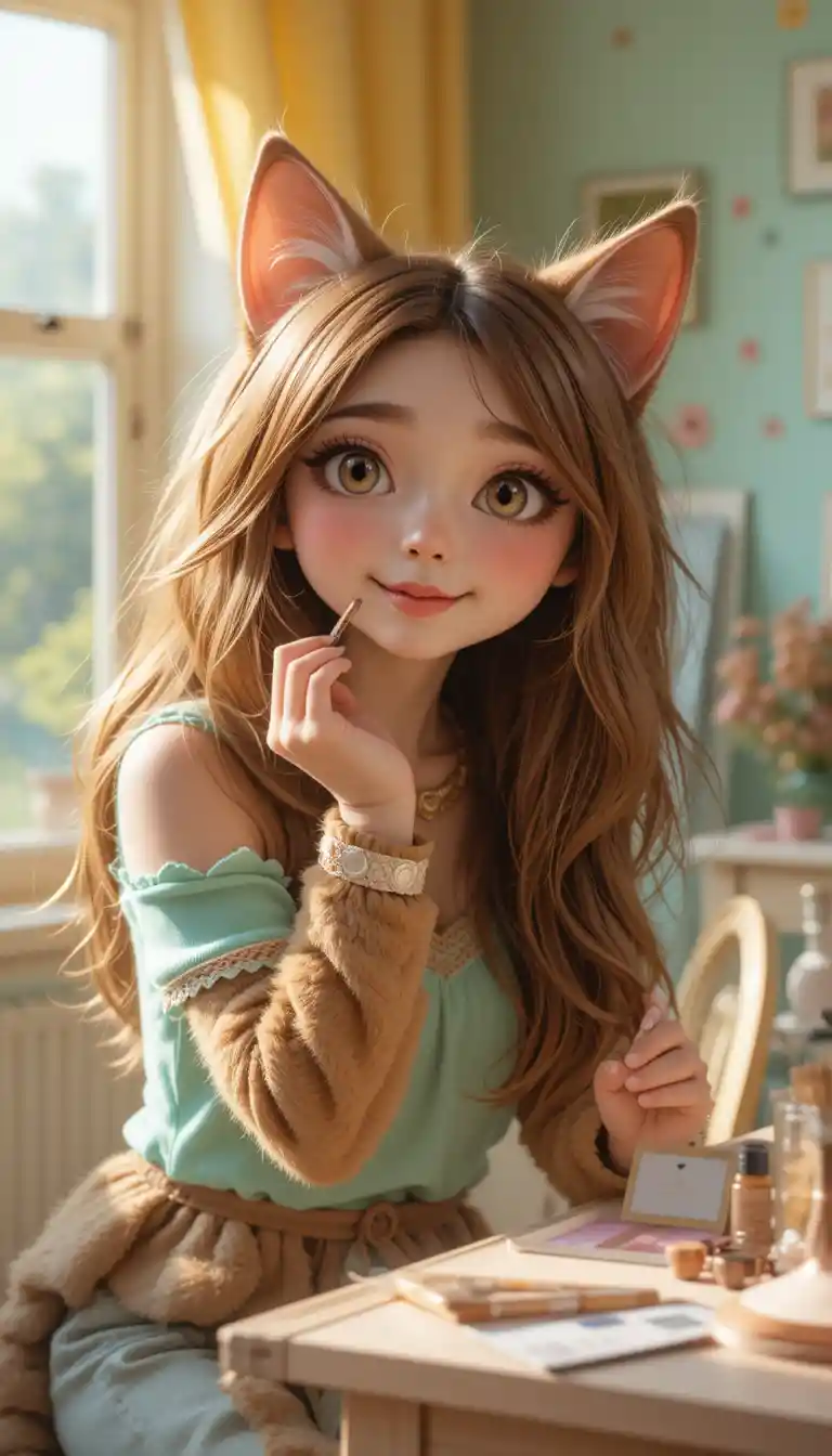 メイクをする擬人化トラ猫の女の子とドレッサー