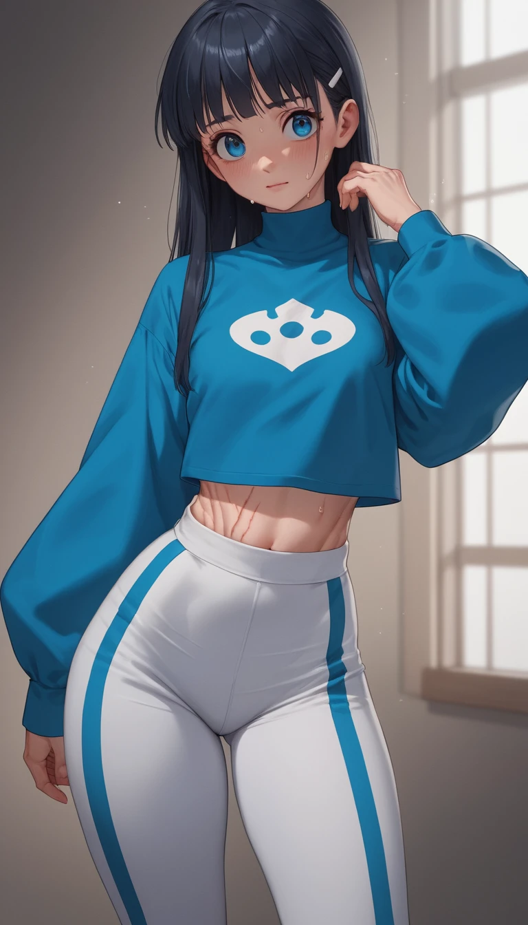 Chica de anime segura de sí misma con traje elegante y ojos azules brillantes