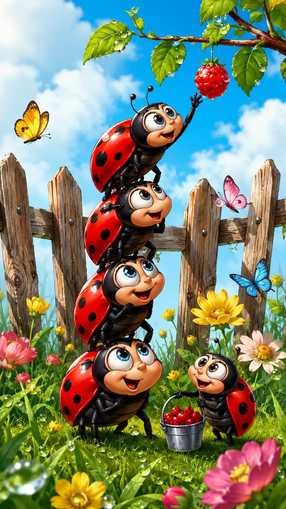 Adorables coccinelles construisant une pyramide ludique dans un jardin