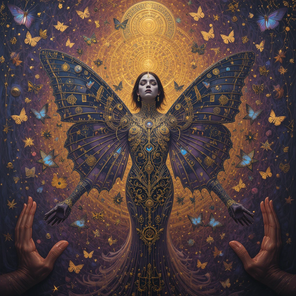 Surreal figure dissolving into butterflies in sacred mandala