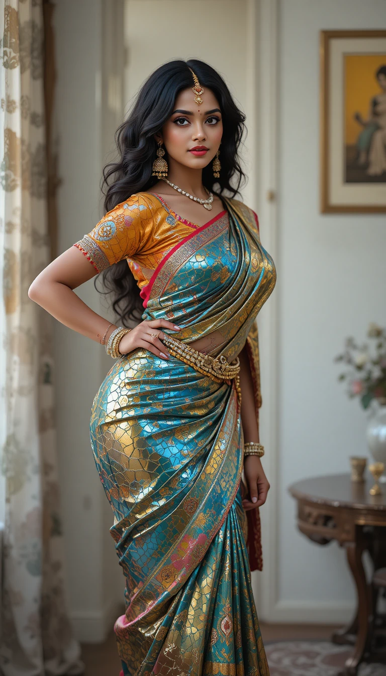 Mujer tamil con sari reflectante posando en interiores a la altura de la cintura