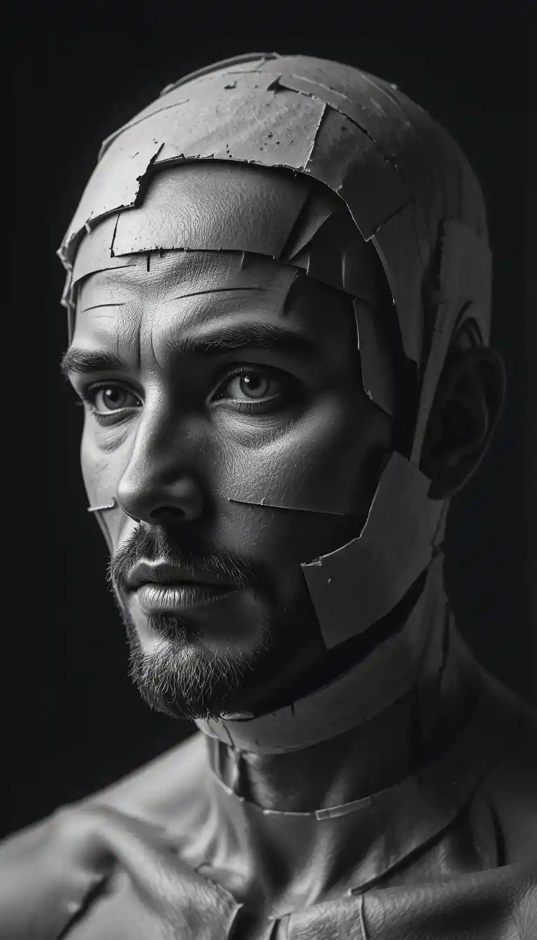Portrait noir et blanc en couches d’un visage masculin fragmenté