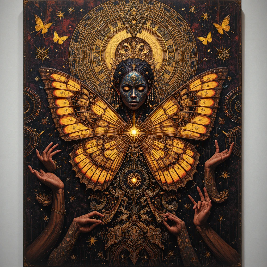 Mujer surrealista que se disuelve en mariposas dentro de un mandala luminoso