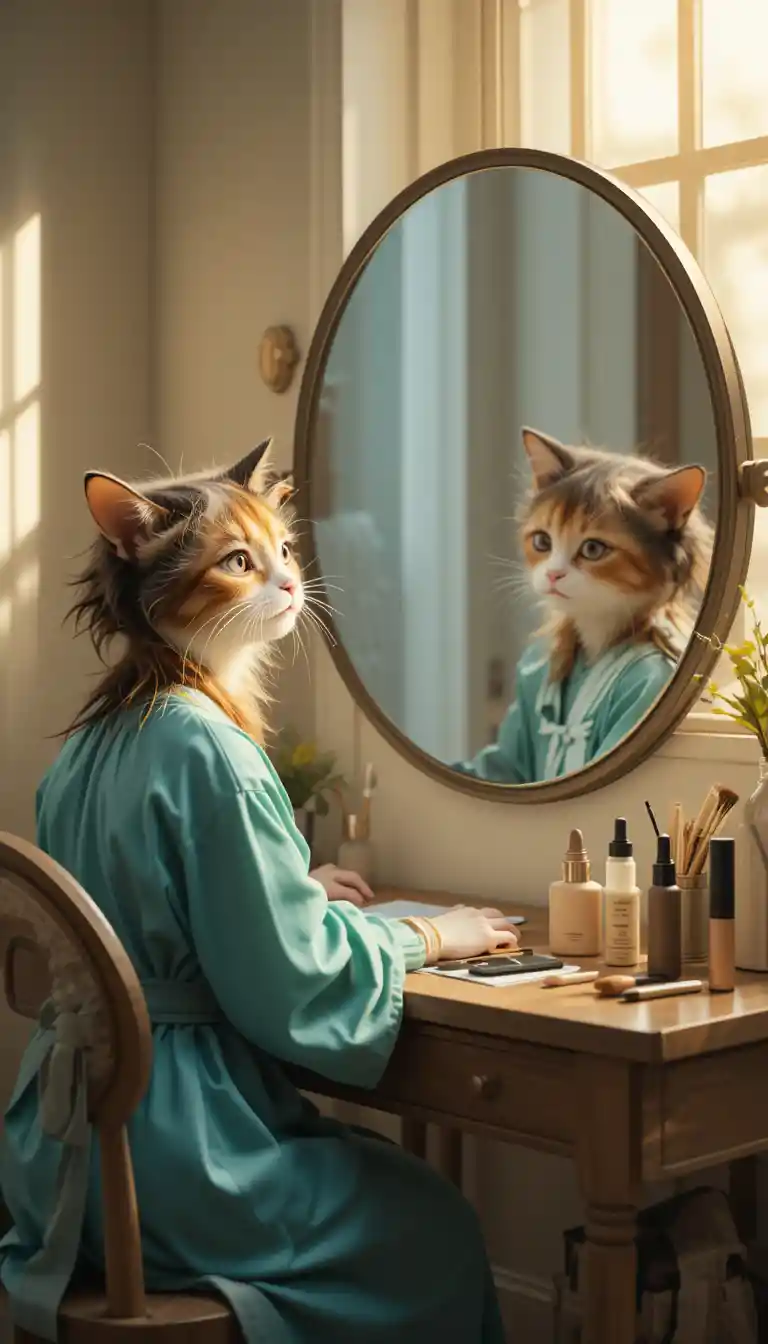 Schildpatt-Katzenmädchen schminkt Smokey Eyes an minimalistischem Schminktisch