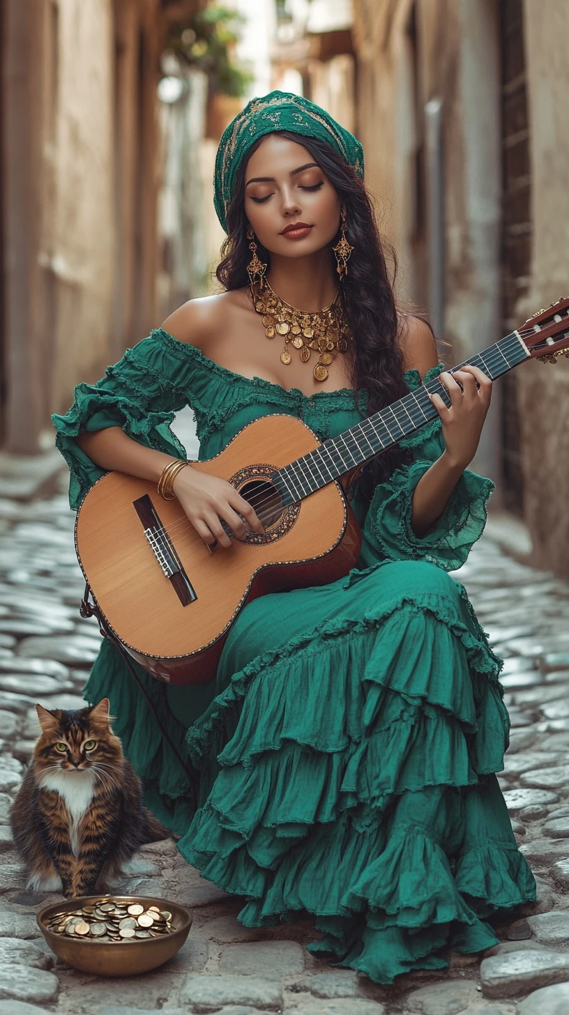 Mujer con vestido verde tocando la guitarra en una calle empedrada