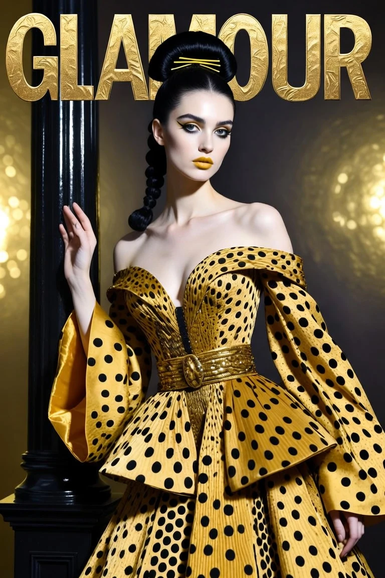 Modelo de moda elegante con vestido amarillo de lunares de estilo vanguardista