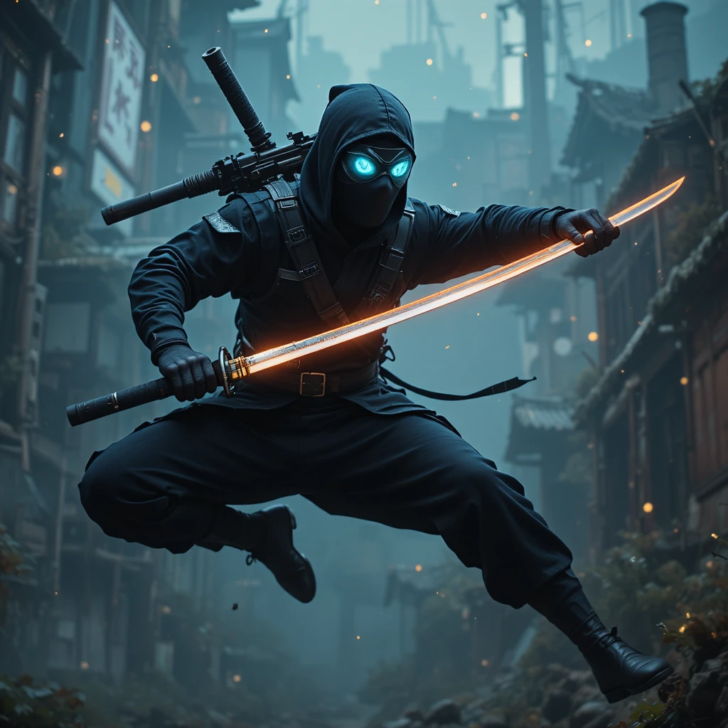 Ninja saltando por el aire con katana desenvainada