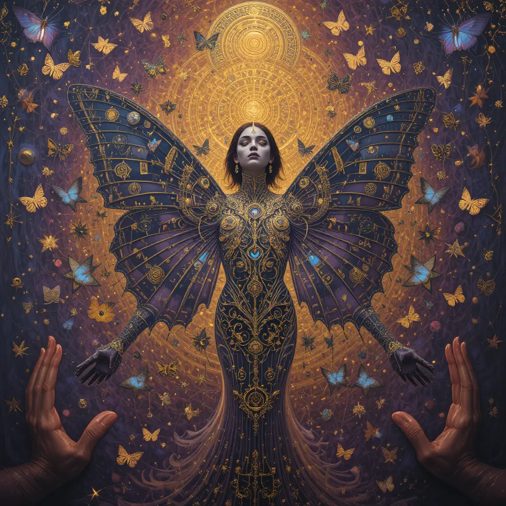 Surreal figure dissolving into butterflies in sacred mandala