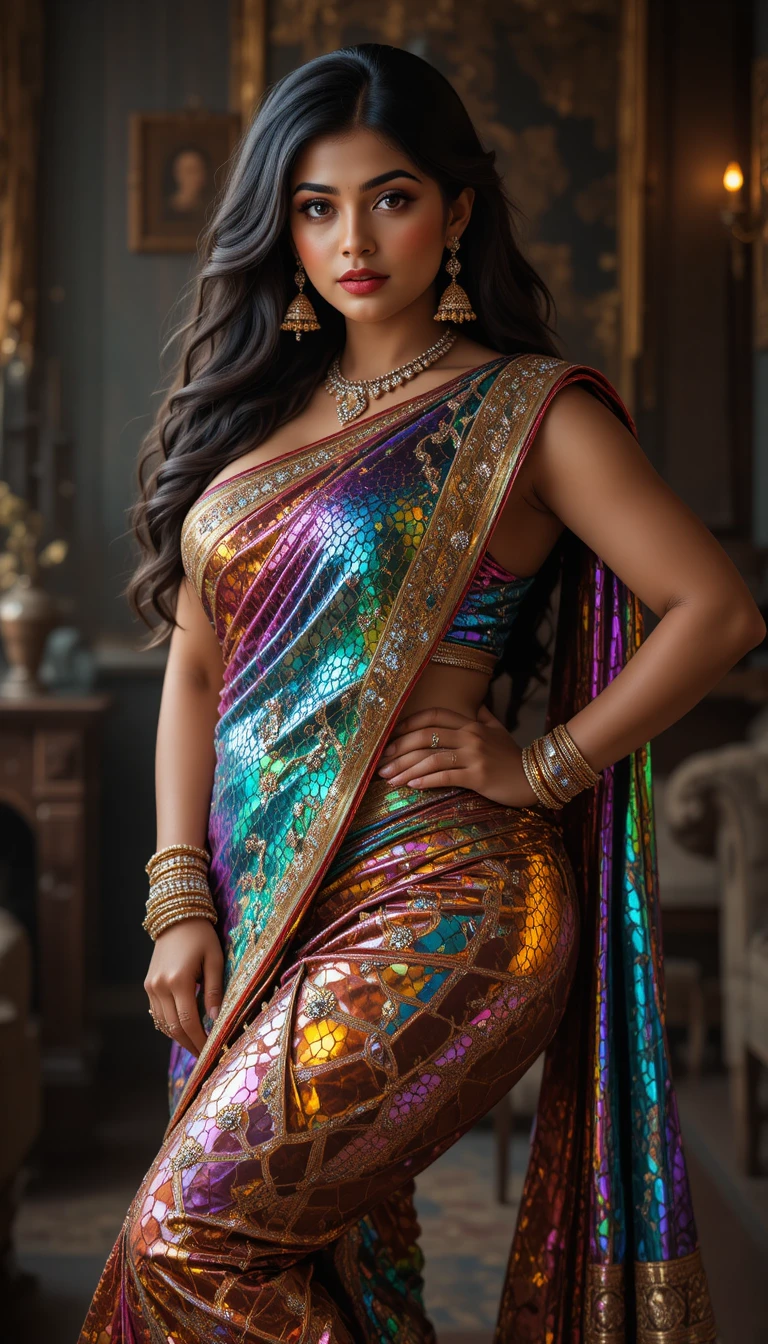 Mujer india con saree brillante y reflectante y joyería nupcial