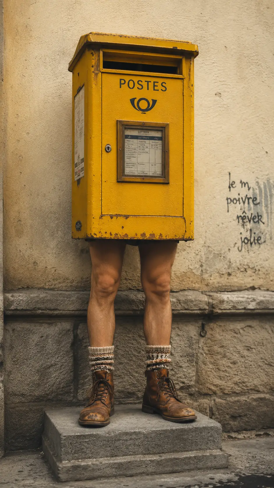 Busto surreale di cassetta postale gialla con gambe umane in strada