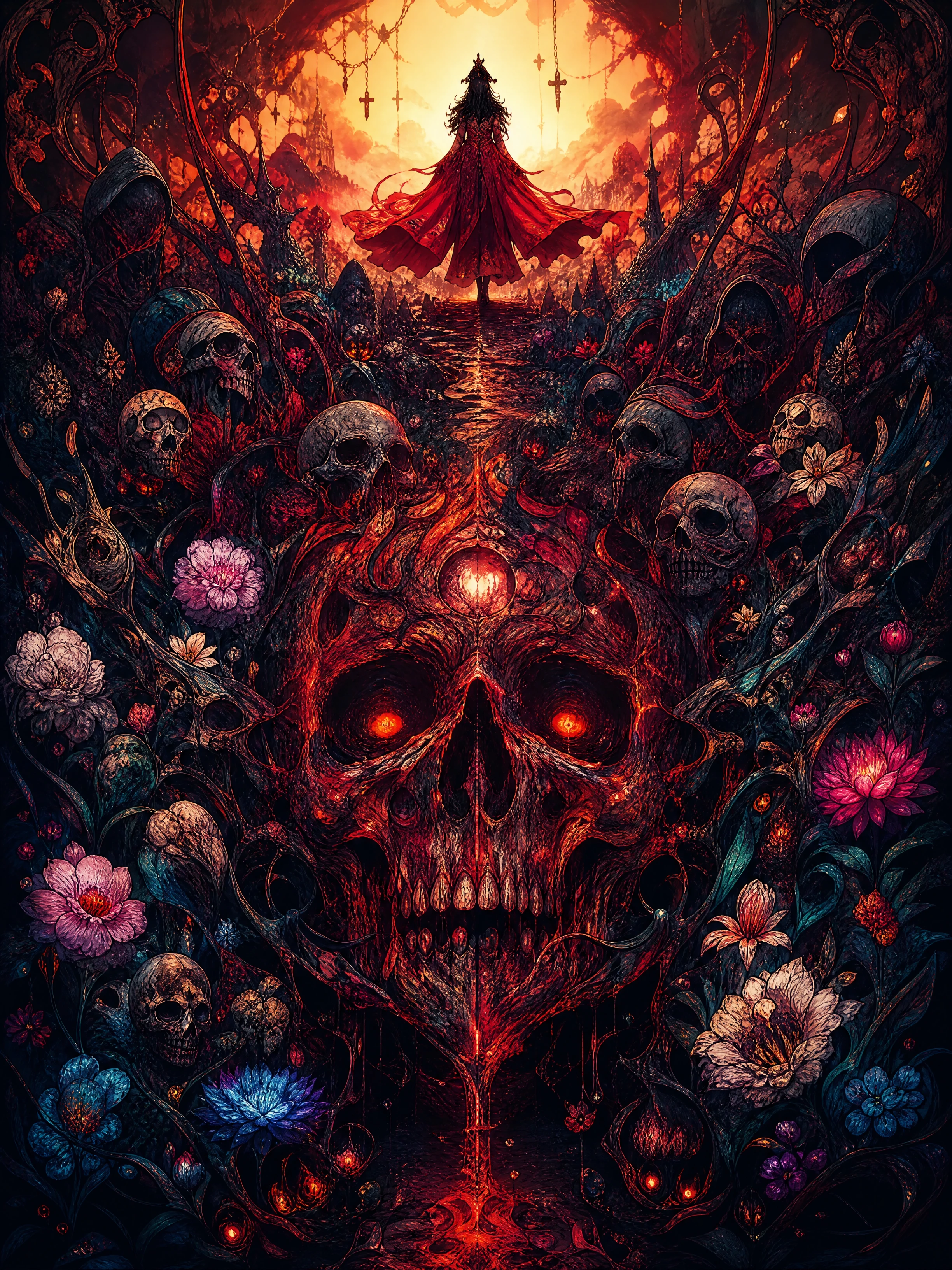 Colossal burning skull looming over a dark fantasy garden