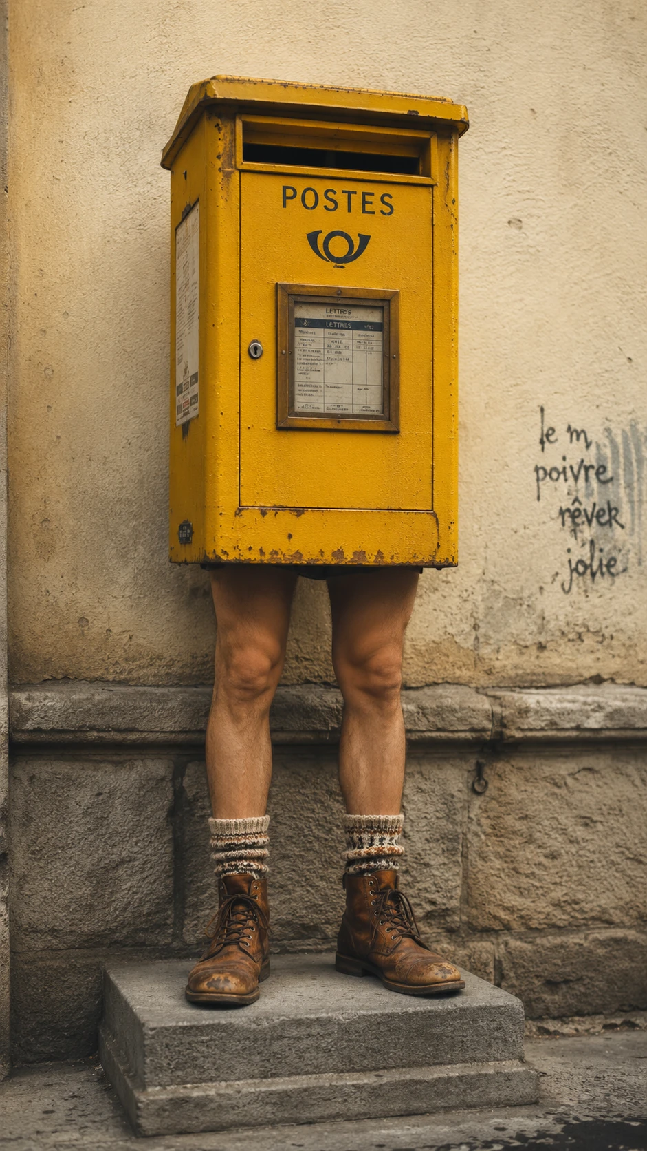 Torso surreal de buzón amarillo con piernas humanas en la calle