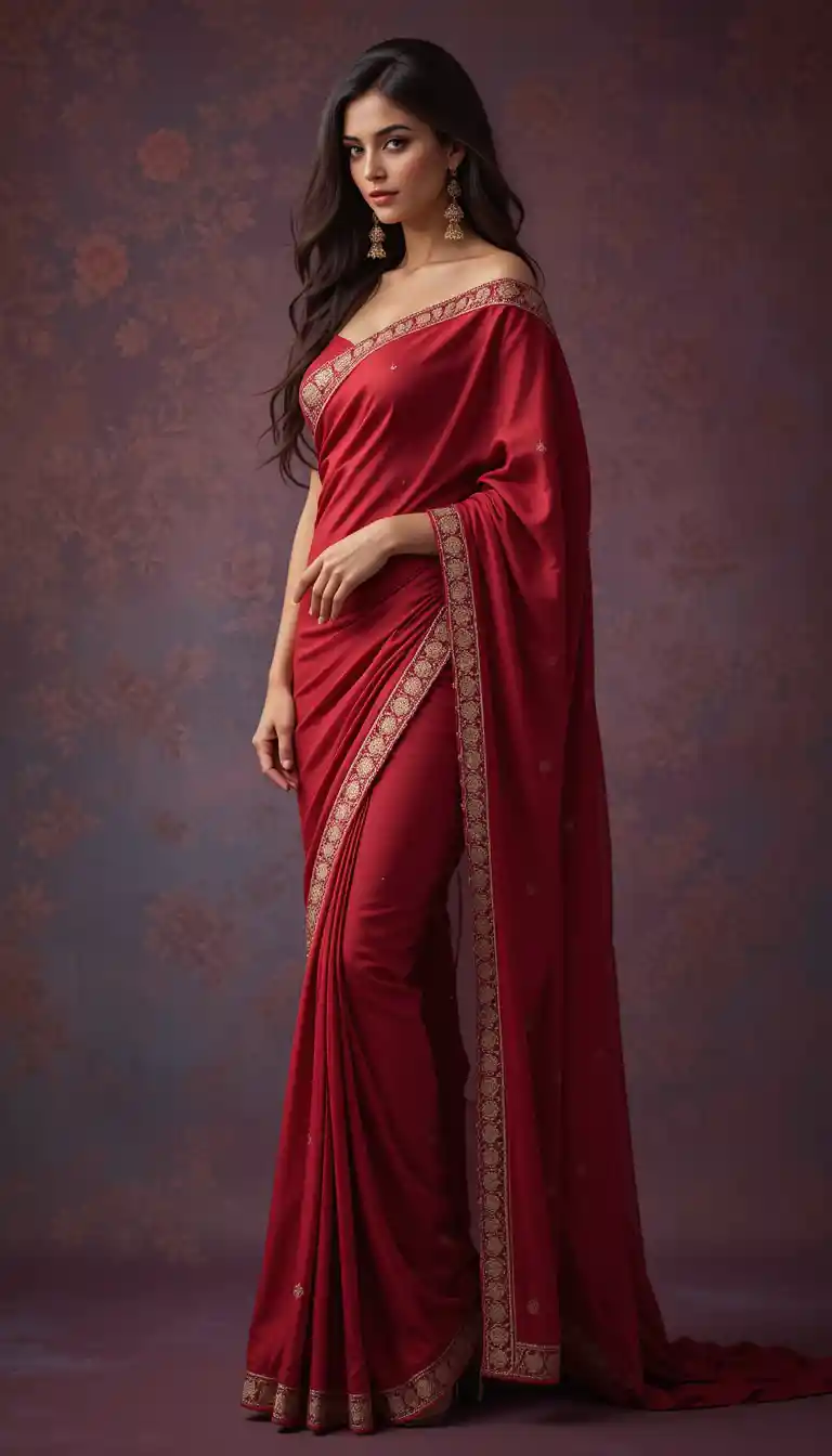 Mujer elegante con sari rojo posando como una modelo de moda