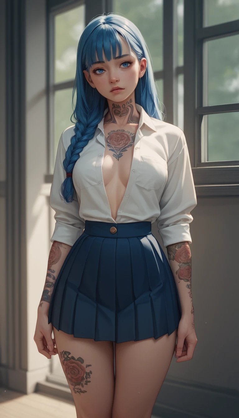 Escolar de anime tradicional de cabello azul bajo tormento extremo