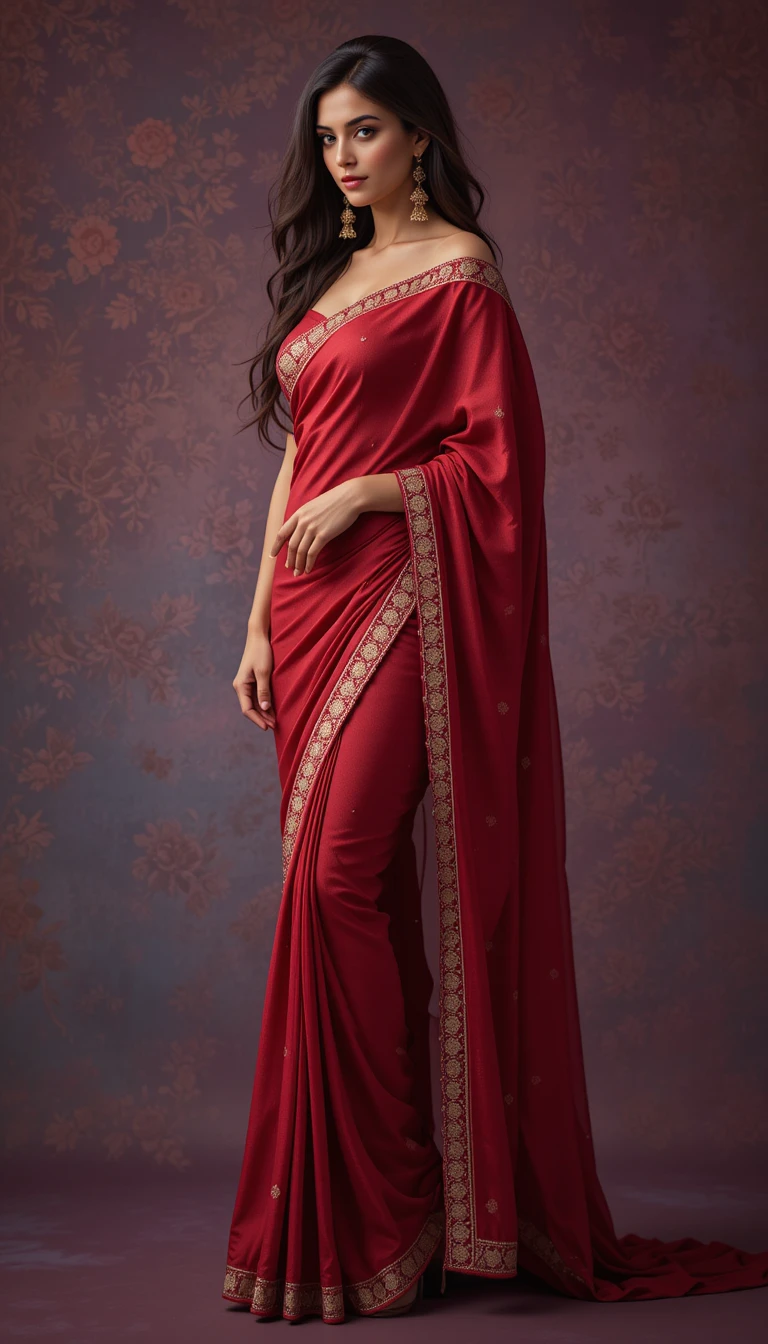 Mujer elegante con sari rojo posando como una modelo de moda