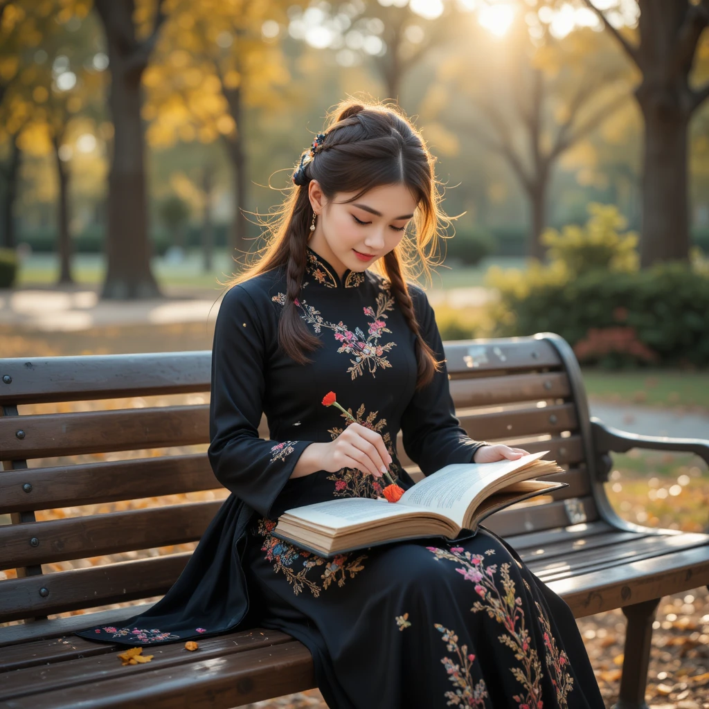 Joven mujer en banco de parque con flor y libro abierto