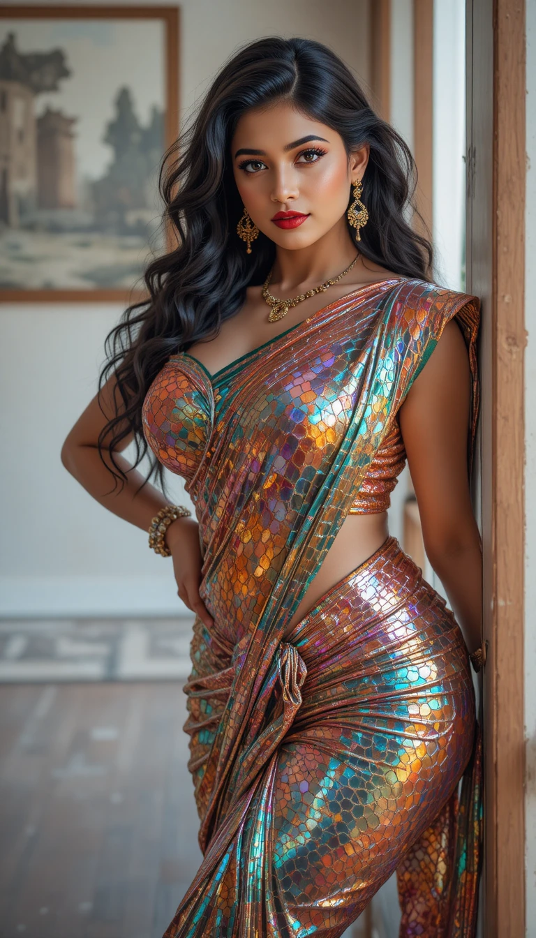 Mujer india con sari reflectante inclinando la cintura en interiores