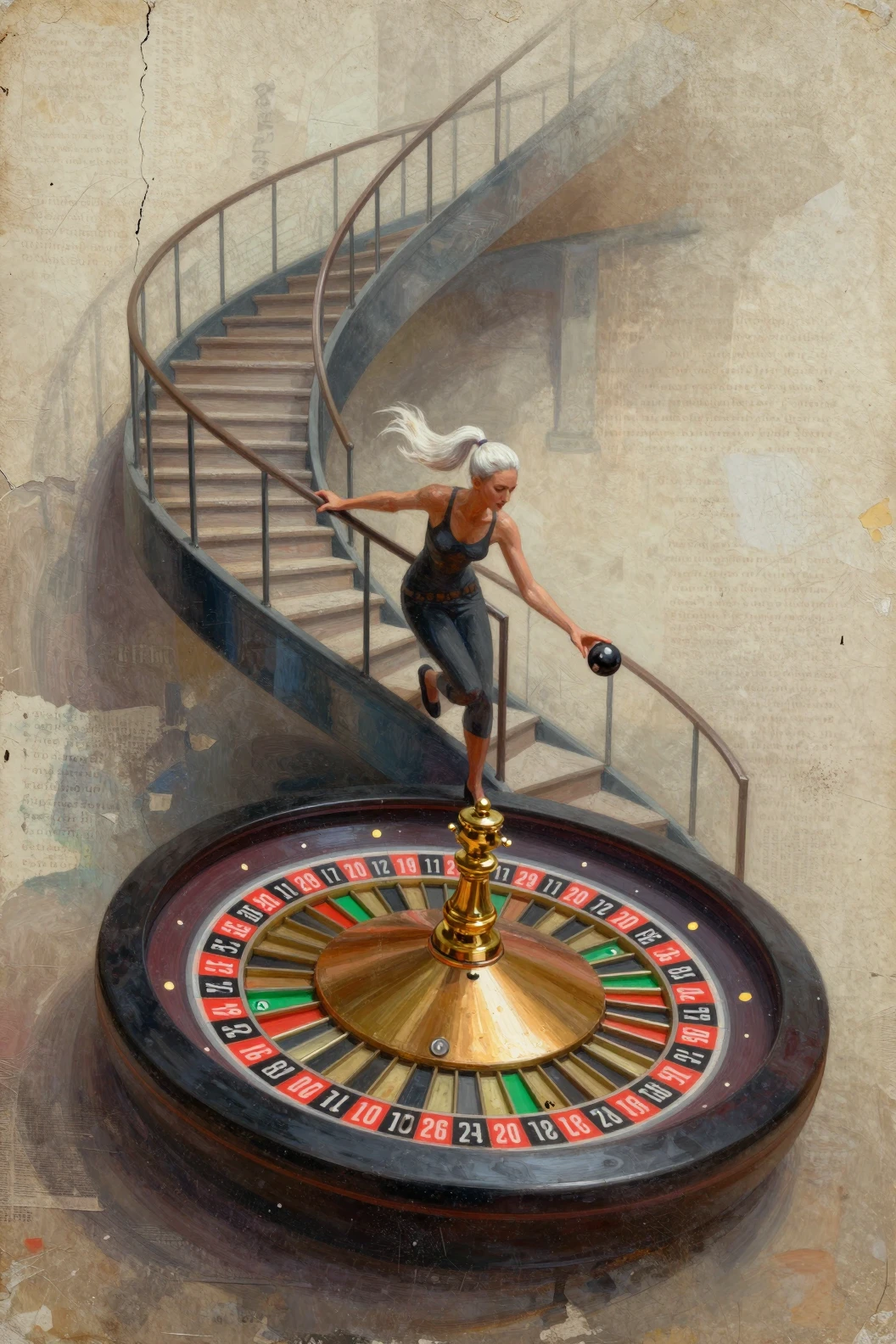 Mujer que desciende por una escalera de caracol tipo ruleta hacia la oscuridad