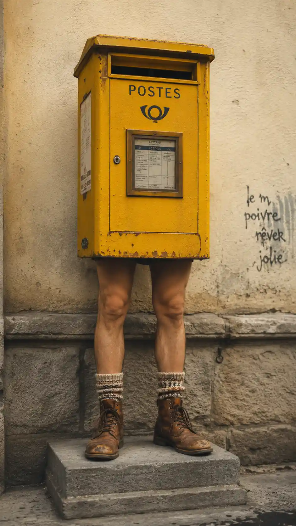 Busto surreale di cassetta postale gialla con gambe umane in strada