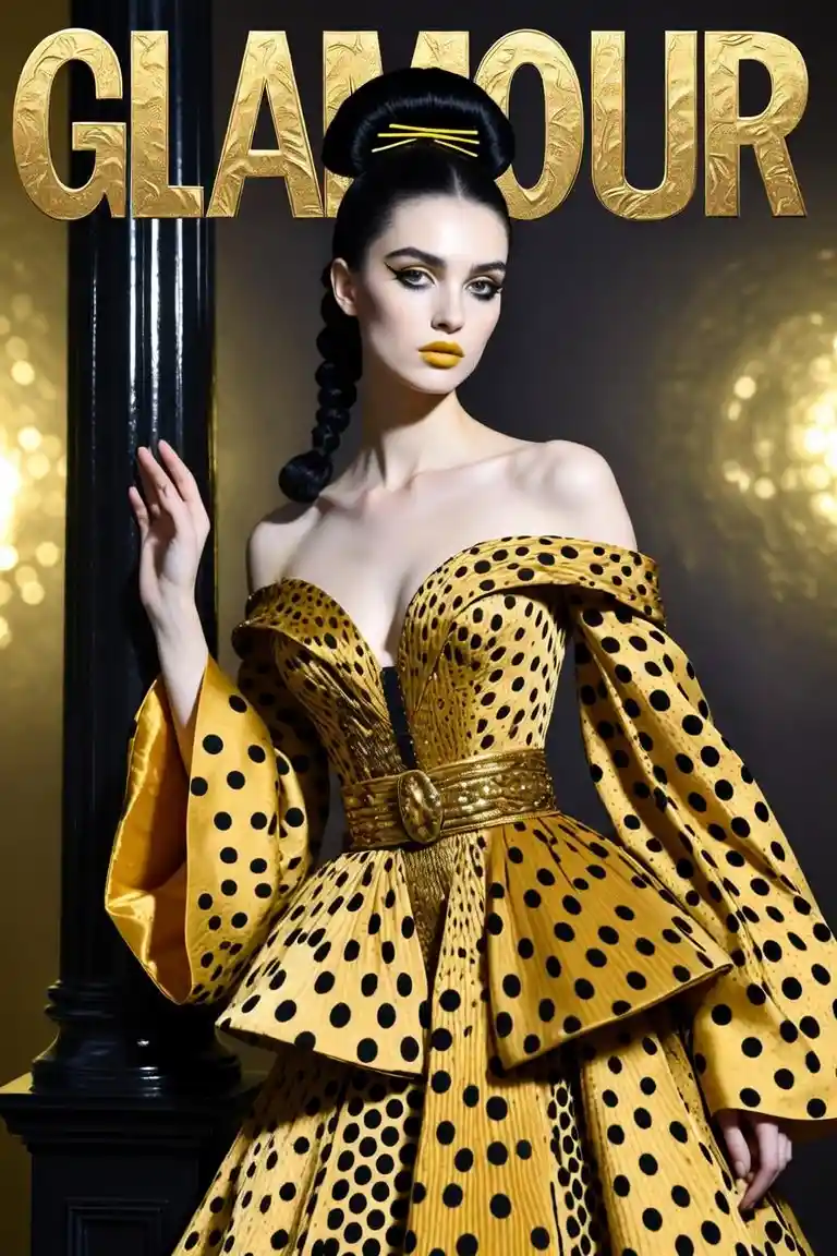 Modelo de moda elegante con vestido amarillo de lunares de estilo vanguardista