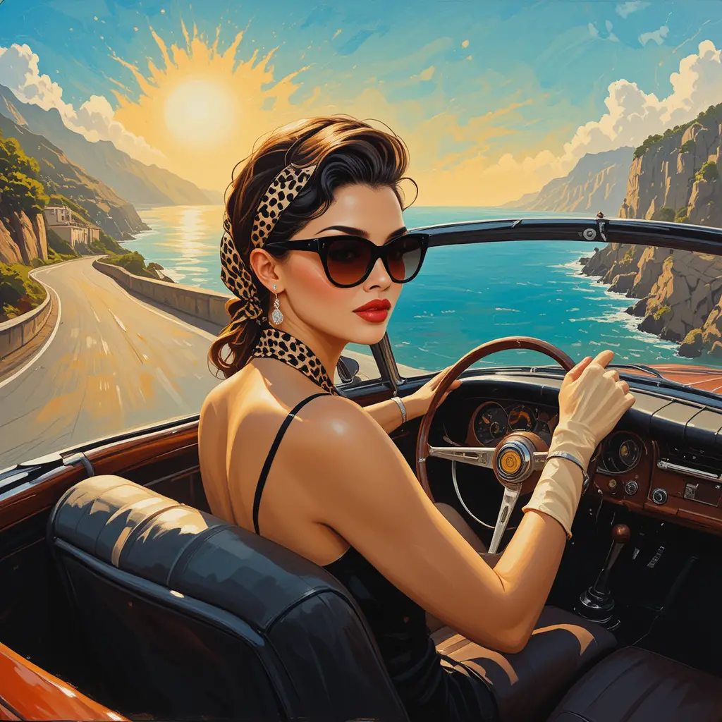 Elegant 1950s woman driving along a Mediterranean coast