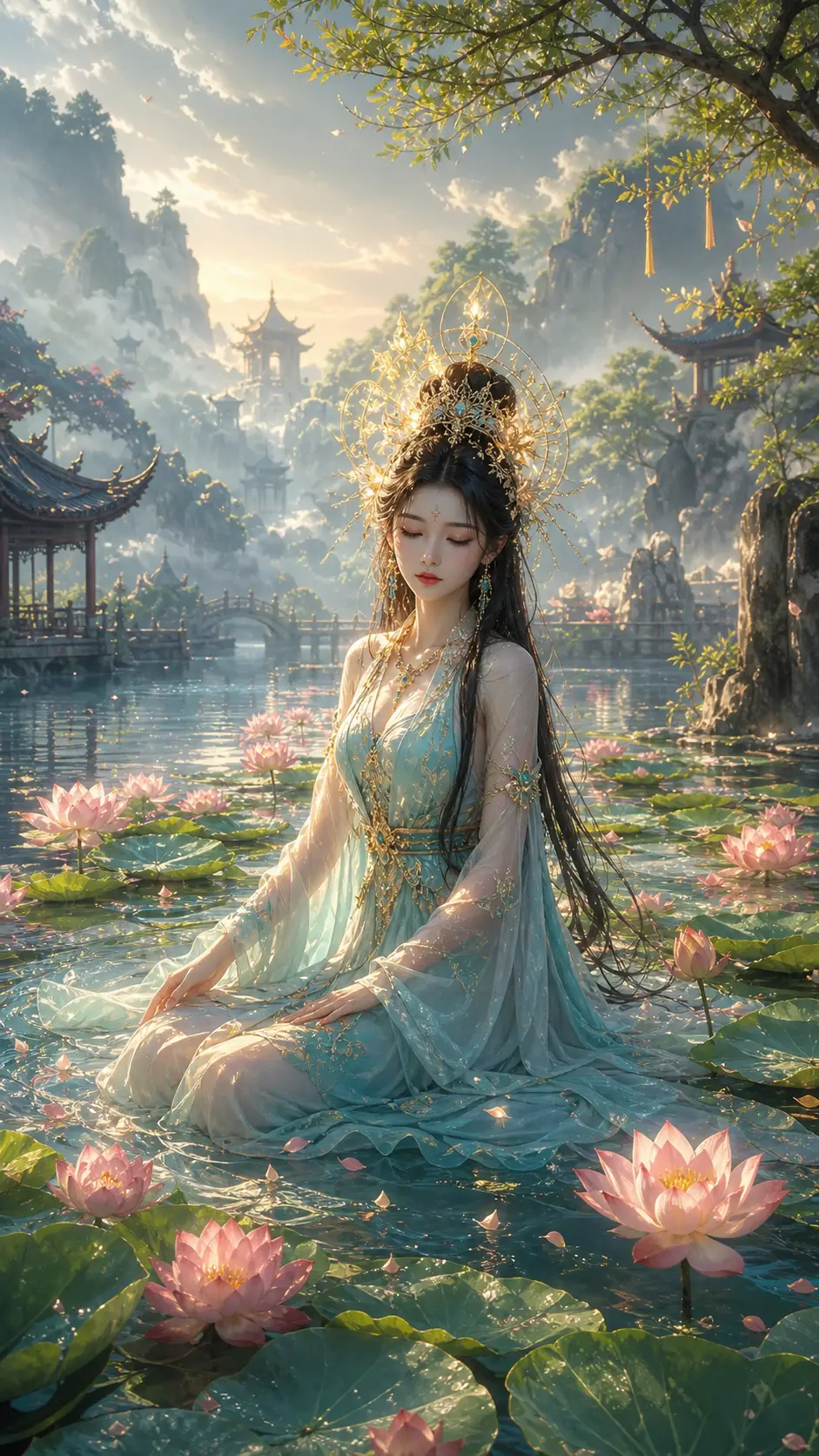 Ethereal girl crowned with light in a lotus pond