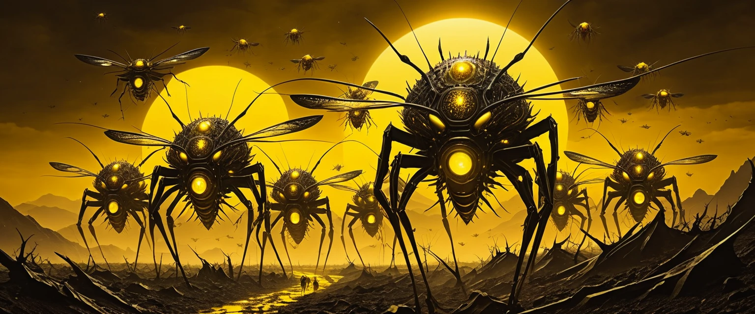 Enorme enjambre de insectoides alienígenas en un páramo oscuro