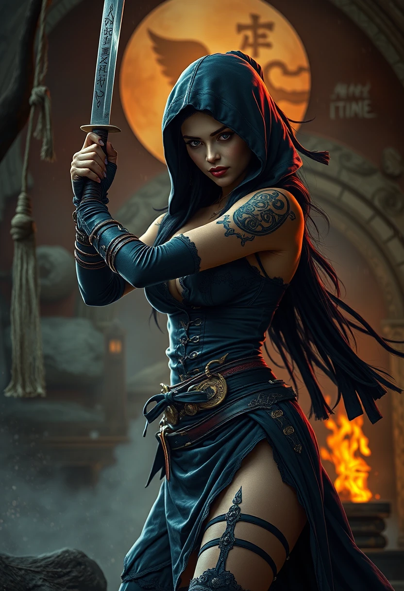 Mujer ninja steampunk con katana en paisaje de fantasía