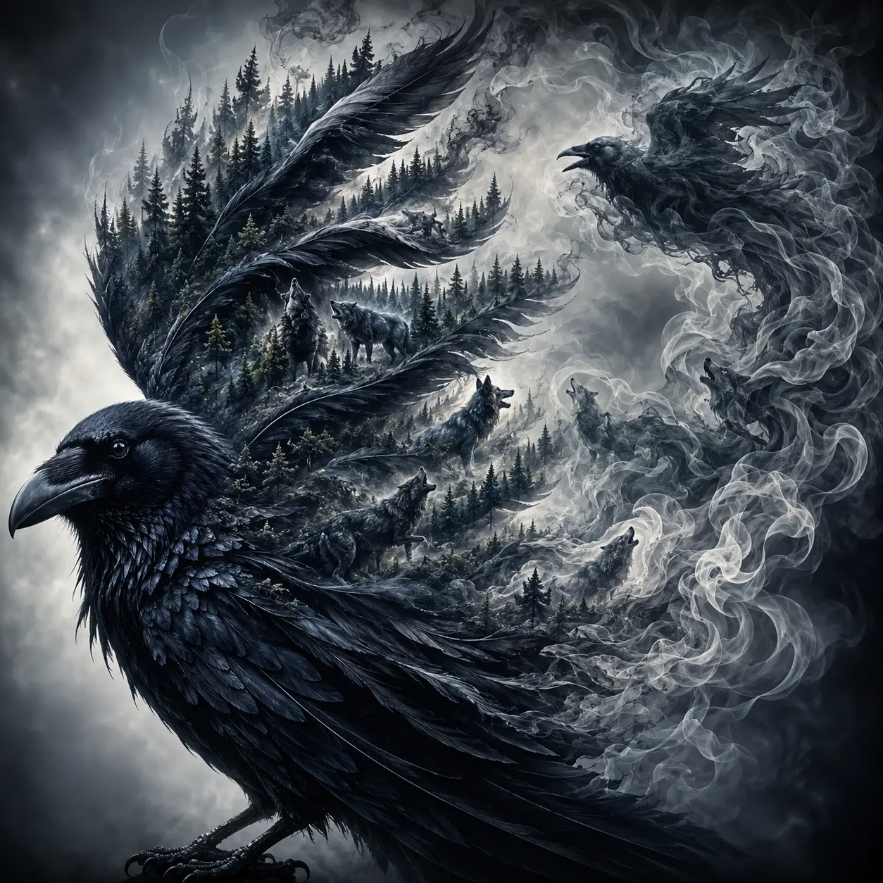 Corbeau solitaire émergeant de motifs fractals abstraits de plumes