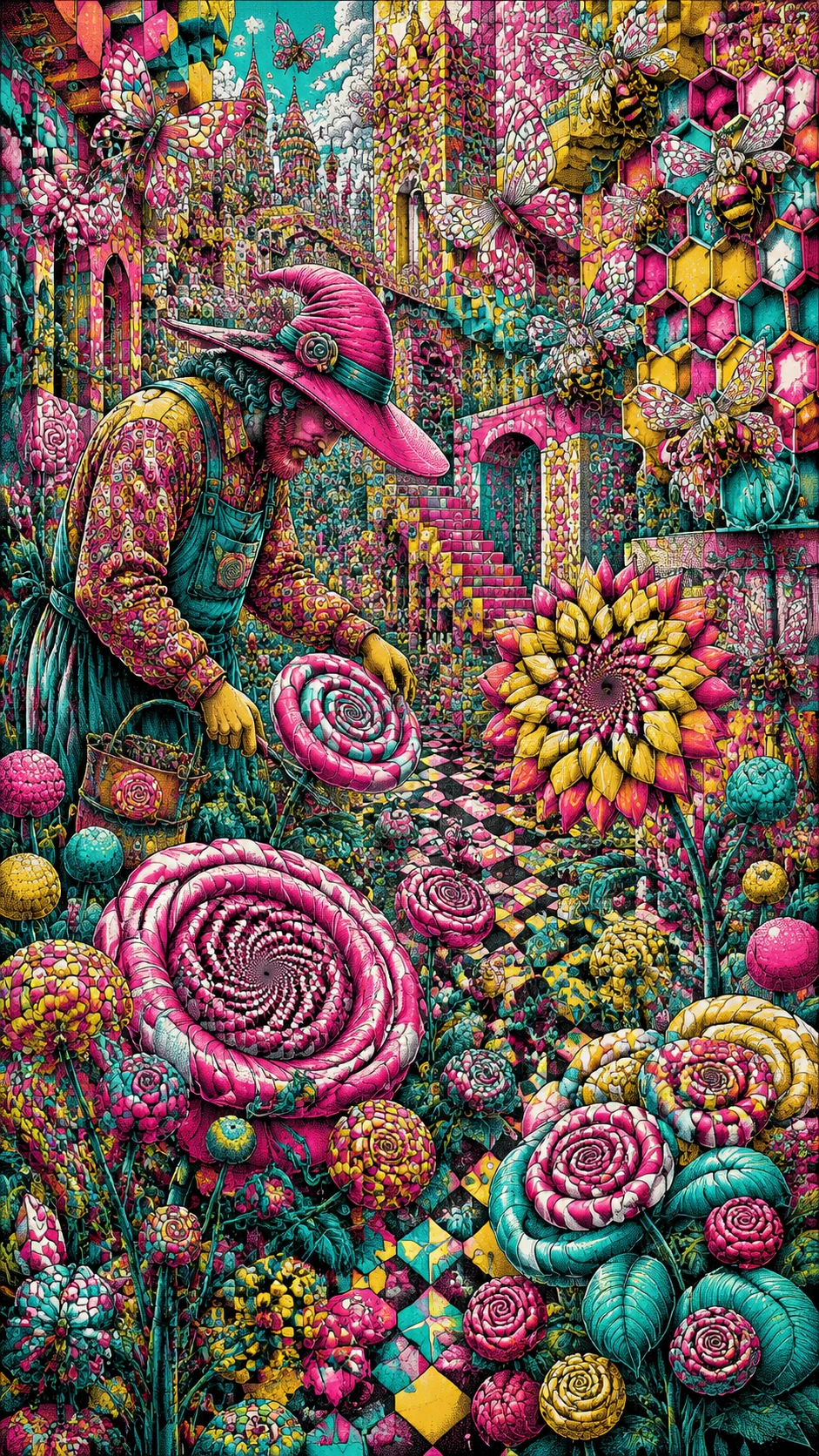 Jardinero colosal con flora de caramelo en un jardín de fantasía surrealista