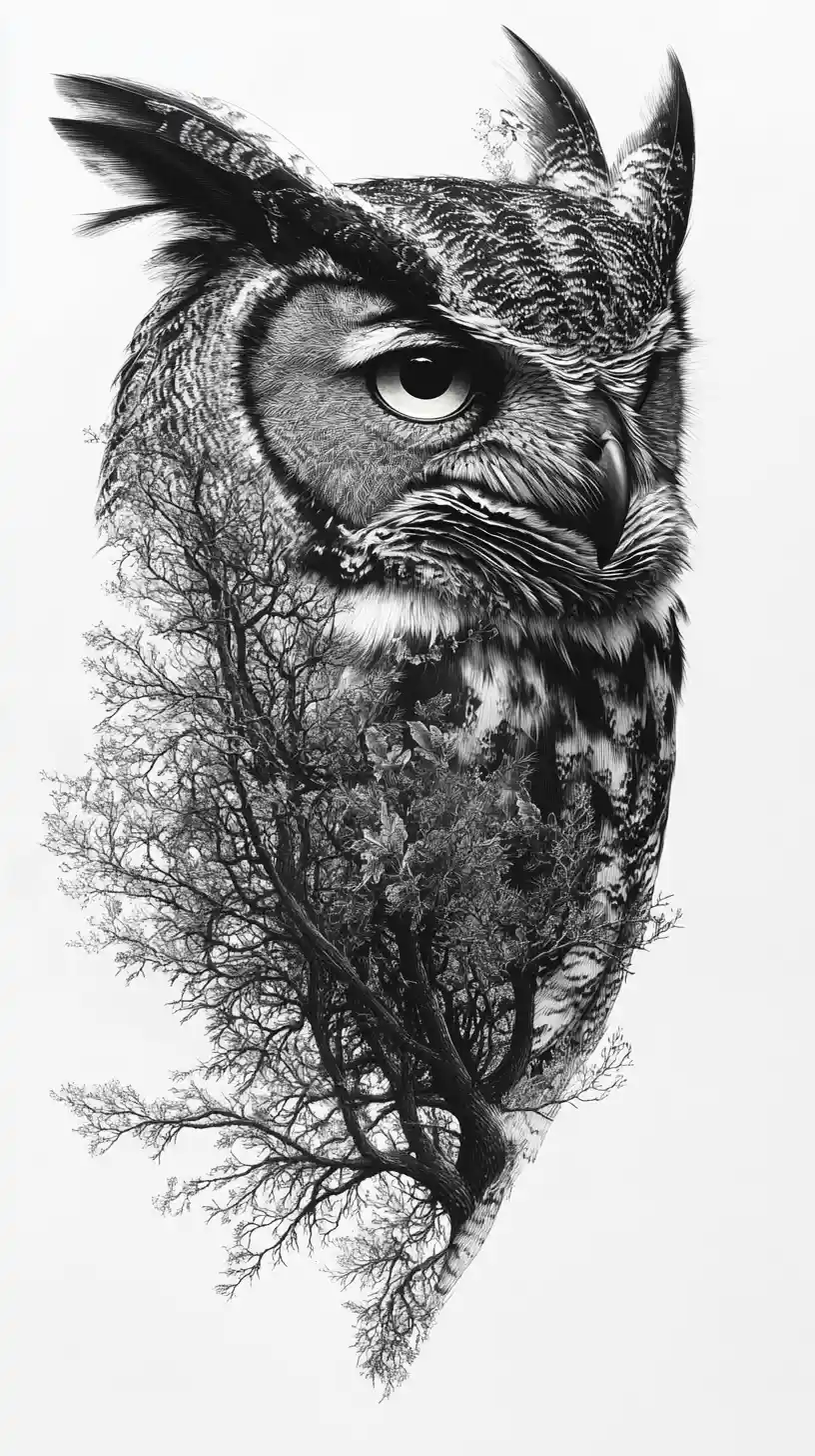 Búho surreal que se transforma en copas de bosque y fauna oculta