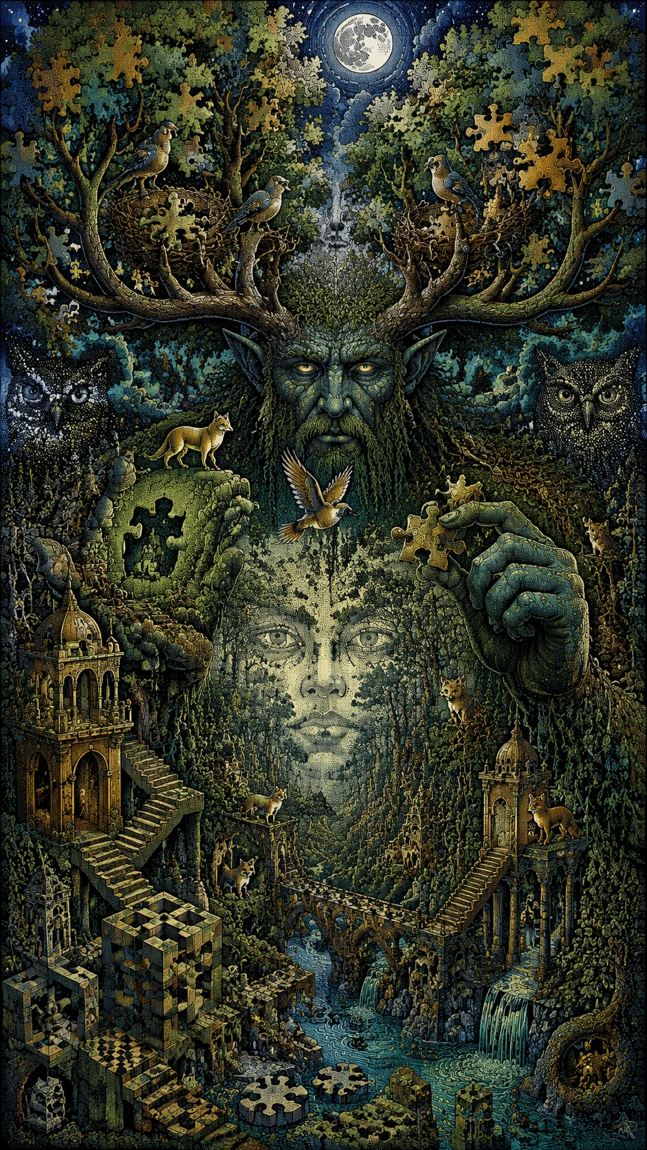 Colossal Forest Spirit With Antlers Of Puzzle Shaped Leaves