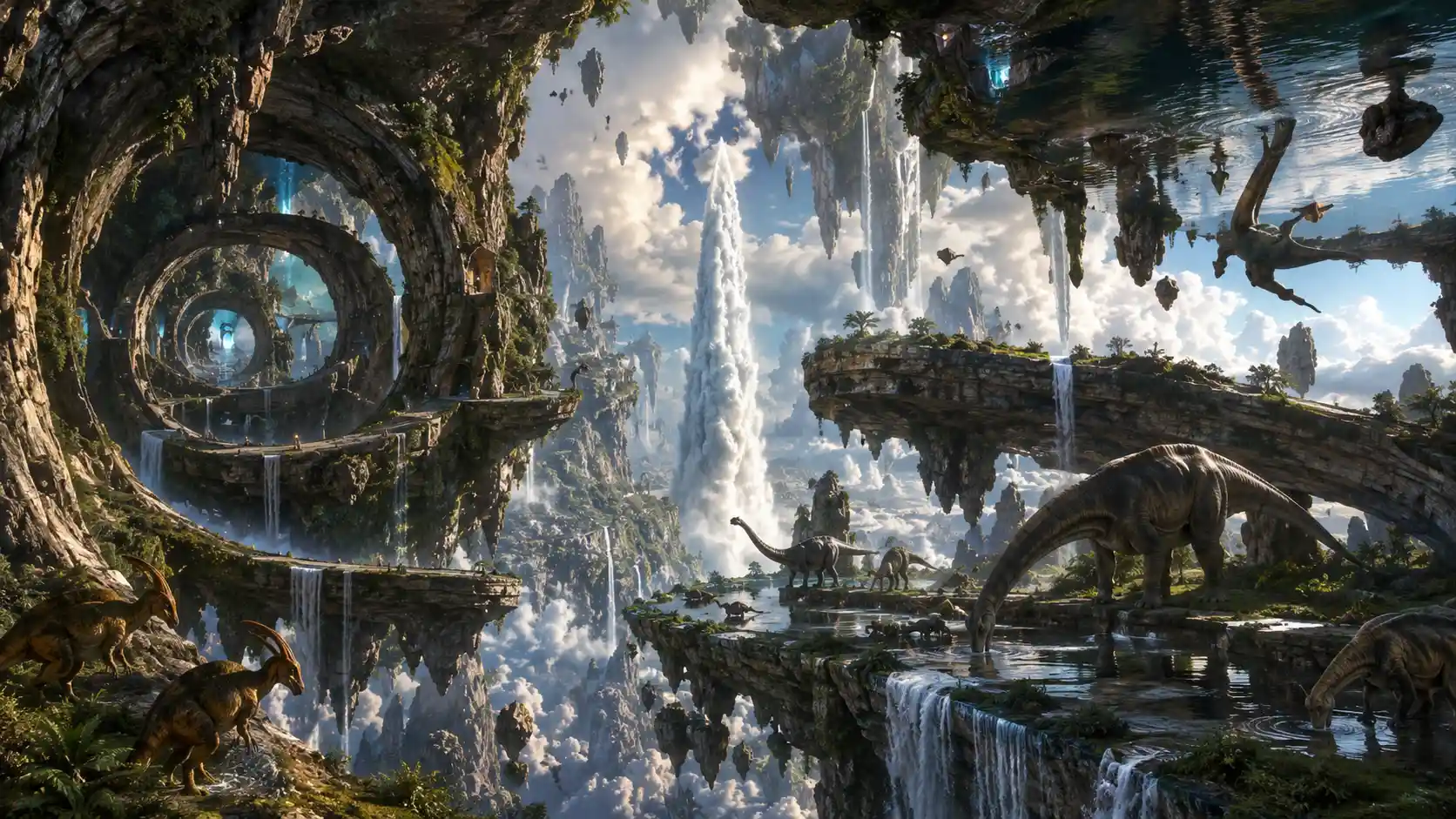 Dinosaurios jurásicos junto a una cascada surrealista que fluye hacia arriba