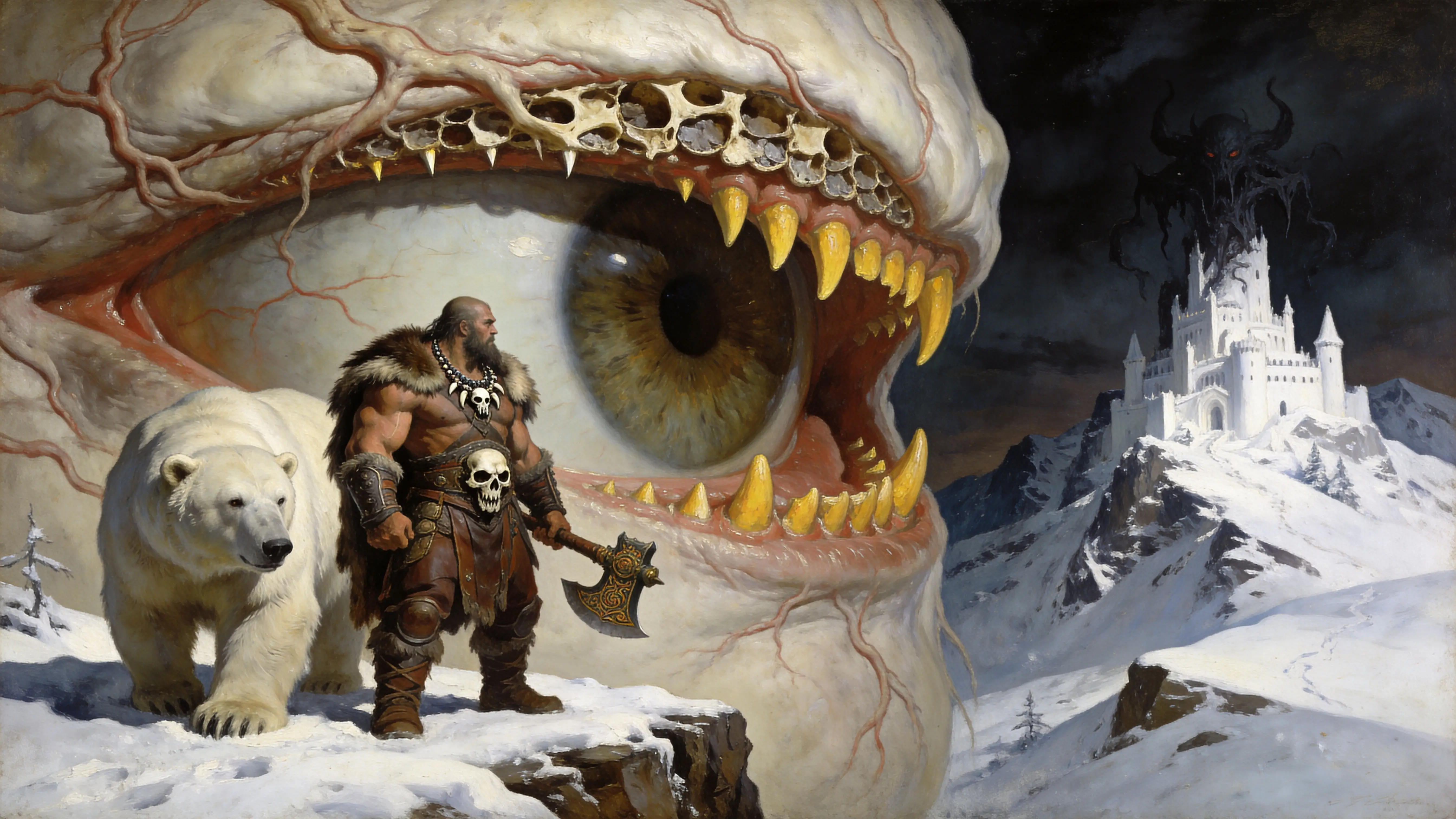Grotesque monstrous eye with teeth in dramatic close up
